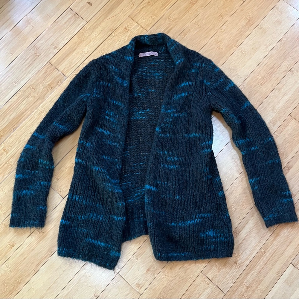 Elsamanda Anthropologie Italian knit wool open cardigan blue stripe cozy sweater